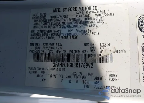 2011 Ford Fusion Sel z USA, uszkodzony, nr VIN 3FAHP0JG8BR176992